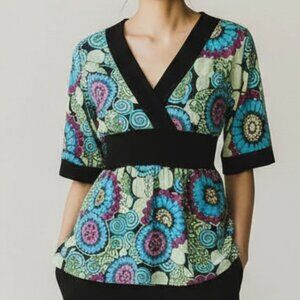 Vintage Bisou Bisou Colorful Floral V Neck Surplice Tunic Medium